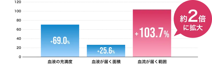 陰茎海綿体の血流関連3指標の改善グラフ。血液の充満度が69.0%、血液が届く面積が25.6%、血流が届く範囲が103.7%改善したことを示す。