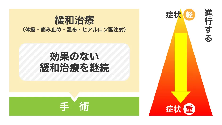 従来の治療の流れ：効果のない緩和治療を継続し症状が進行する過程の図解